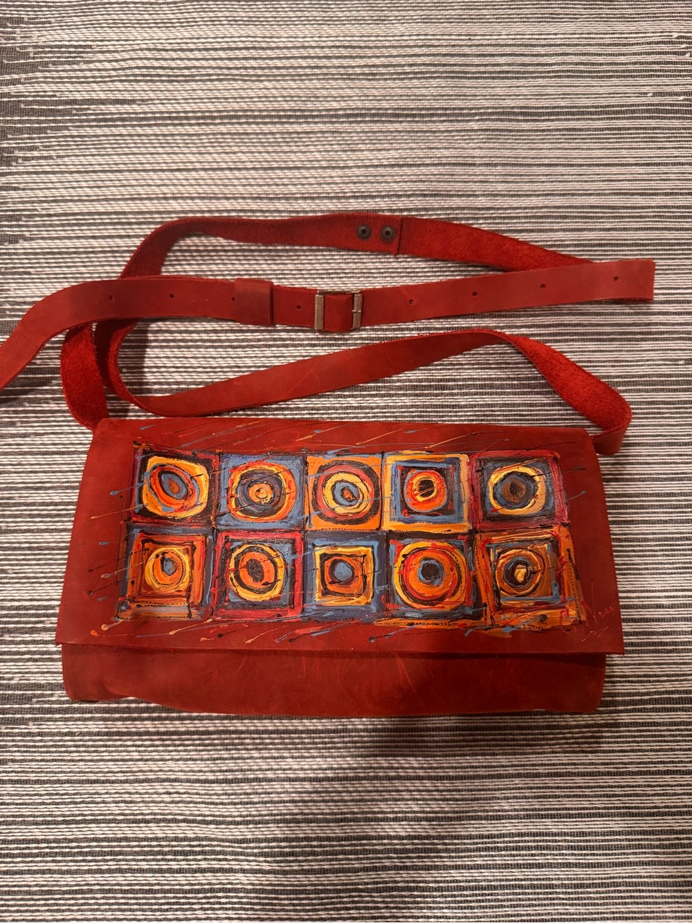Handmade Red Leather Crossbody Bag with Hand-Painted Geometric Detail